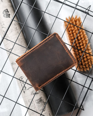 Dogaart bifold classic personalized name engraved wallet brown crazy leather exterior front view display