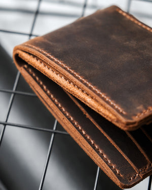 Dogaart bifold classic for mens personalized gift brown crazy leather exterior stitching detail craftsmanship