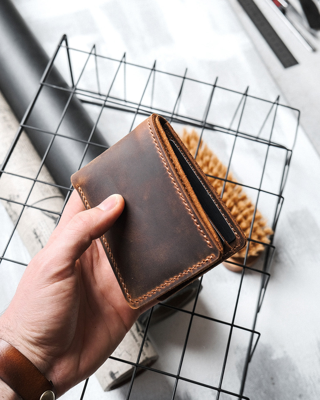 Dogaart bifold classic personalized gift brown crazy leather exterior view handheld display showing craftsmanship
