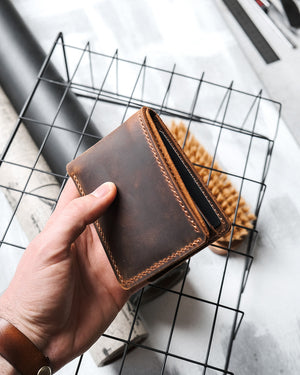 Dogaart bifold classic personalized gift brown crazy leather exterior view handheld display showing craftsmanship