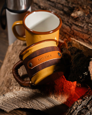 Dogaart yellow enamel mug shown before and after leather wrapping process displaying craftsmanship transformation