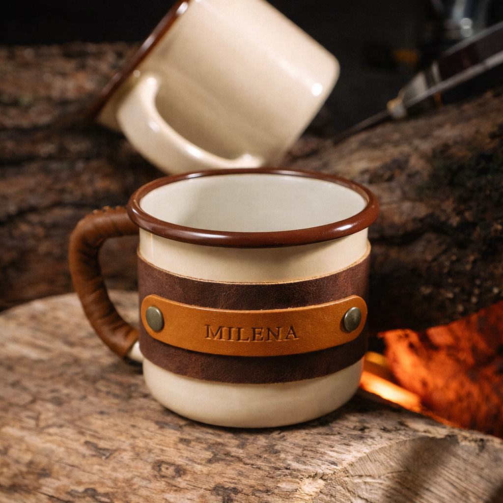 Beige enamel camping mug with handcrafted leather sleeve and branded label detail, front view