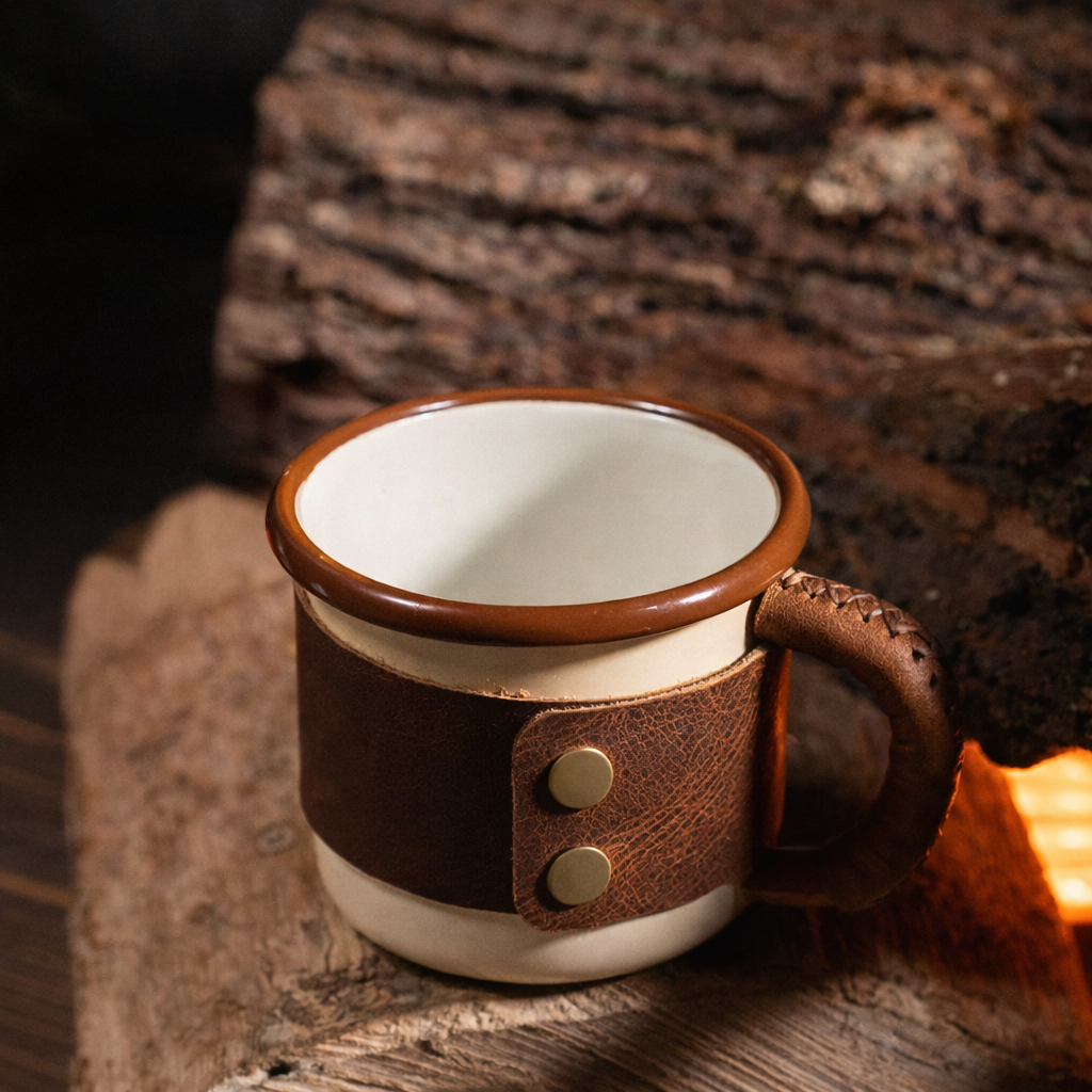 Leather enamel camping mug with brass snap fasteners securing handcrafted sleeve, hardware close-up