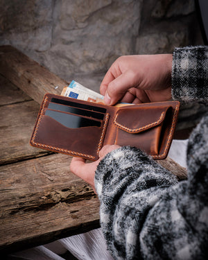 Dogaart Rio gift name engraved camel crazy leather bifold wallet bill pocket usage showing practical functionality