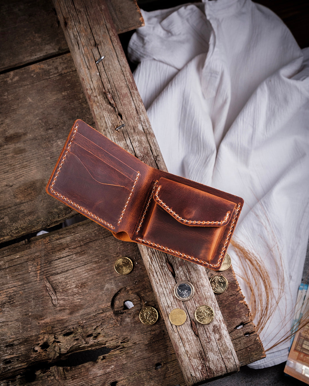 Dogaart Rio handcrafted camel crazy leather bifold wallet for men top view showing premium leather texture