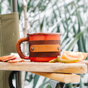 Gift enamel mug with handcrafted leather wrap, perfect adventure companion, outdoor front profile